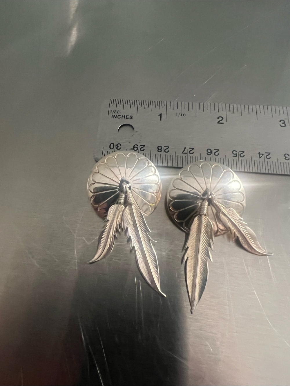 Sterling Silver Feather Concho post Earrings - Picture 5 of 5